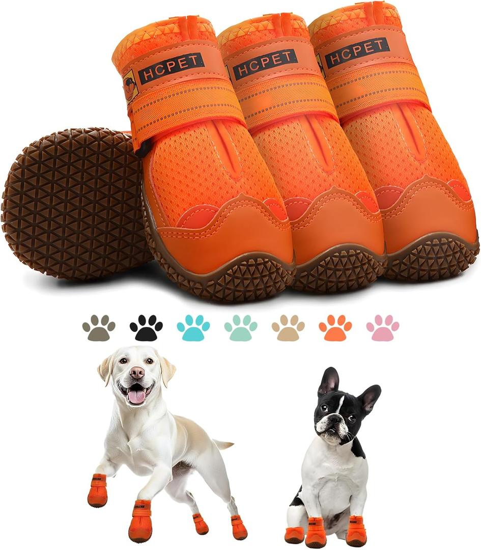 Hcpet Dog Shoes for Dogs, Dog Booties for Dogs, Anti-Slip Dog Boots & Paw Protectors for Hot Pavement Winter Snow Hiking with Reflective Straps Orange Size 5, 4PCS (Width 2.16 in)