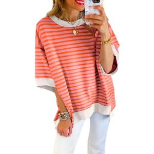 SHEWIN Womens Tops Casual Short Sleeve Sweatshirt Crewneck Striped Shirt Pullover T Shirts Loose Blouses (Small)