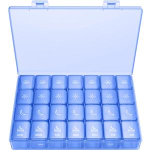 XL Pill Organizer 4 Times a Day, BUG HULL Extra Large Weekly Pill Box Case, 7 Day Vitamin Container Daily Pill Holder for Cod-liver oil, Vitamins, Supplements (Royal Blue)