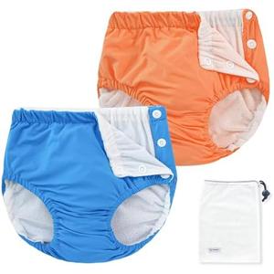 EZ Moms 2 Packs Reusable Swim Diapers Toddler Baby Swim Diaper Size 3 Washable Snap Pool Swimming Diaper 3T Soft and Silky Waterproof Diapers for Swimming Lessons Boys and Girls with a Laundry Bag