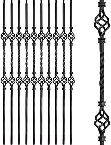Aotree Iron Balusters - Wrought Iron Stair Balusters - Hollow Double Basket Metal Spindles - 44" X 1/ 2" - Box of 10 (Satin Black)