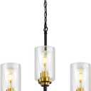 9MMML 3 Lights Black and Gold Chandelier, Modern Glass Ceiling Chandelier Light Fixture for Dining Room, Kitchen, Over Table,Foyer, E26 Base