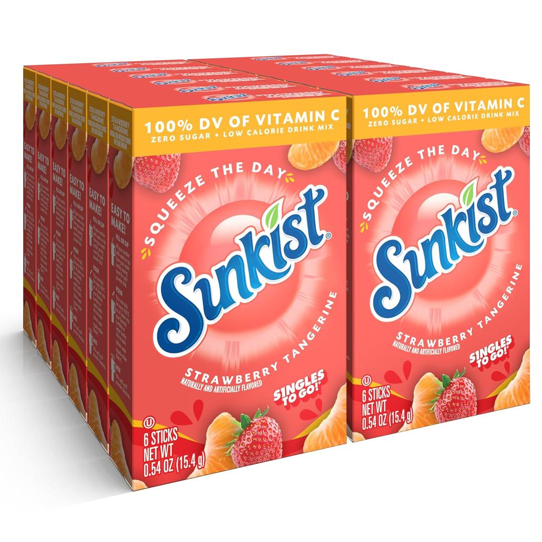 Sunkist Singles to go Drink Mix Packets, Strawberry Tangerine, 6-Count Box Powdered Drink Packets with Vitamin C, 72 Total Powder Sticks, BB Date: 08/2026