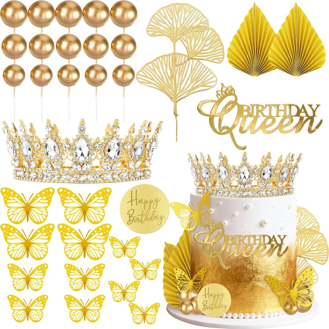 Knana 33Pcs Gold Crown Cake Topper Butterfly Cake Decorations with Gold Happy Birthday Cake Topper for Queen Princess Wedding Party Favors