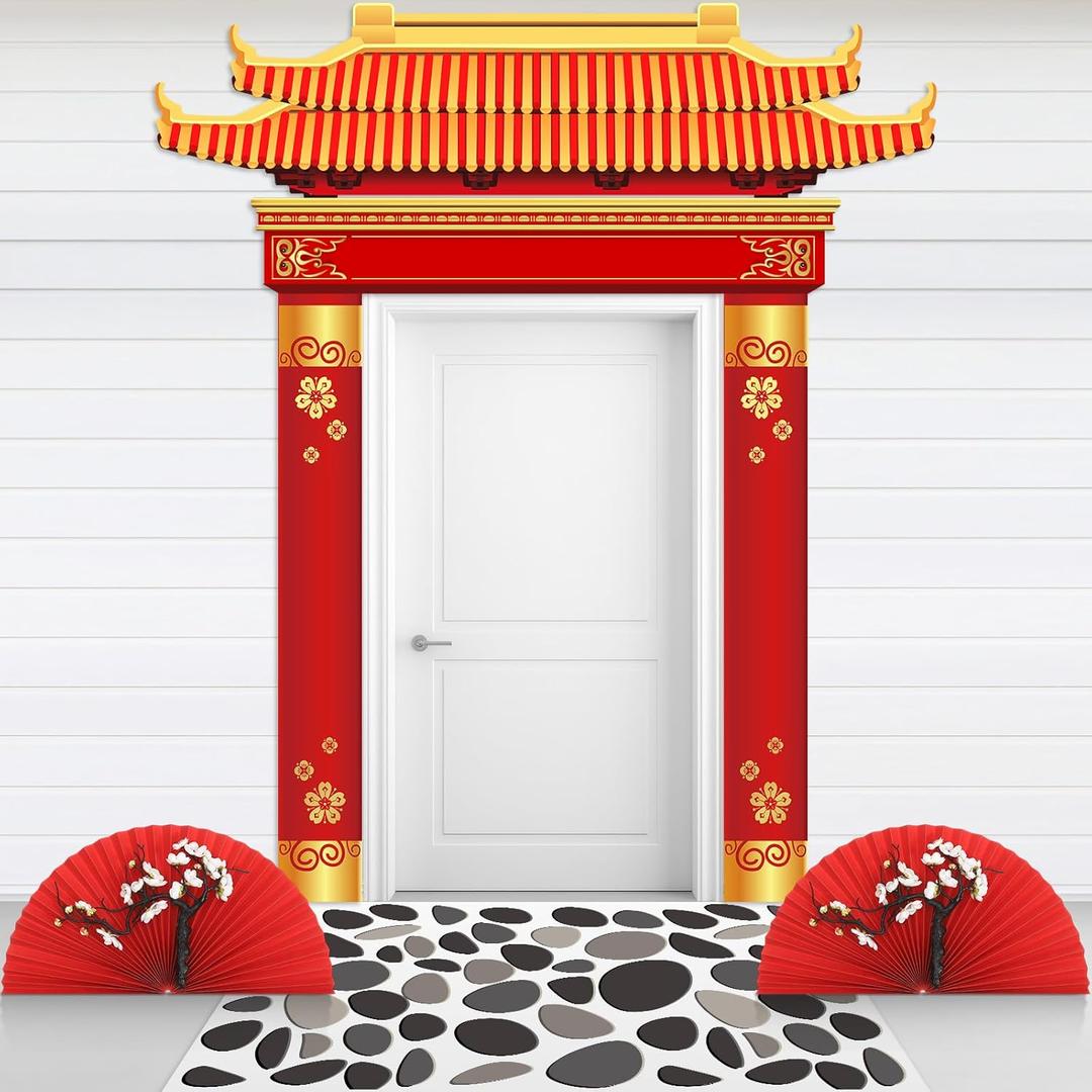 Haull Japanese Hibachi Party Decorations Asian Chinese Decor Supplies Includes Door Banner Carpet Paper Fans Plum Blossom for Japanese Chinese Asian Birthday Party Photo Backdrop Decorations Supplies