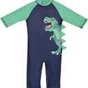 LIZENS Boys Rash Guard Shirts One Piece Swimwear Green Dinosaur Short Sleeve UPF50+ Sun Protection Swimsuit (5-6 Years)
