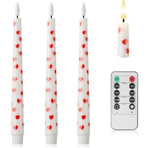 Valentine Day Flameless Taper Candles with Heart, 9.6" Real Wax LED Candles with Remote, 3 Pack Flickering Battery Operated Candlesticks for Proposal Wedding Anniversary Romantic Night