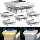 Solar Post Cap Lights, 6 Pack Upgraded Outdoor Deck Fence Post Solar Lights for 4x4 5x5 Wood/Vinyl Posts, IP65 Waterproof, 10-12 Hours Warm/Cool White Glow for Garden/Patio/Porch - White