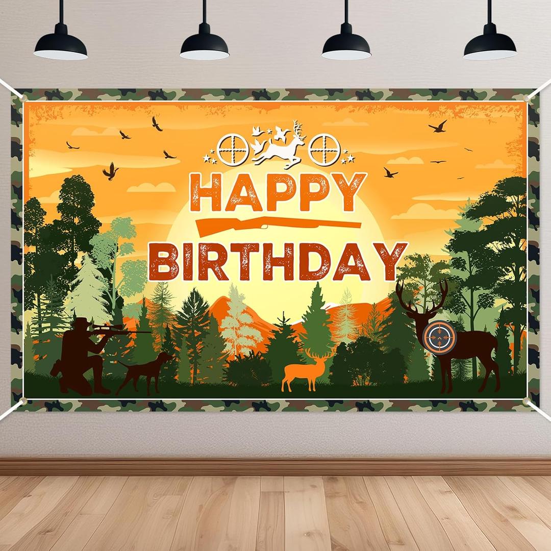 Avezano Hunting Birthday Banner Camo Themed Happy Birthday Party Decorations Deer Hunting Birthday Banner for Kids 70.8 x 43.3 Inch