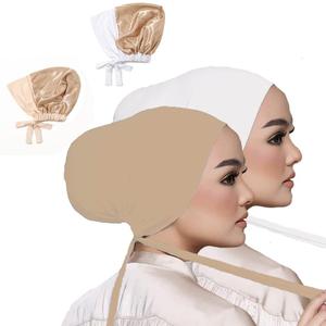 Women Under Scarf Hat Hijab Undercap Islamic Muslim Under Scarf Hijab Cap with Tie-Back Closure (White2+beige2)