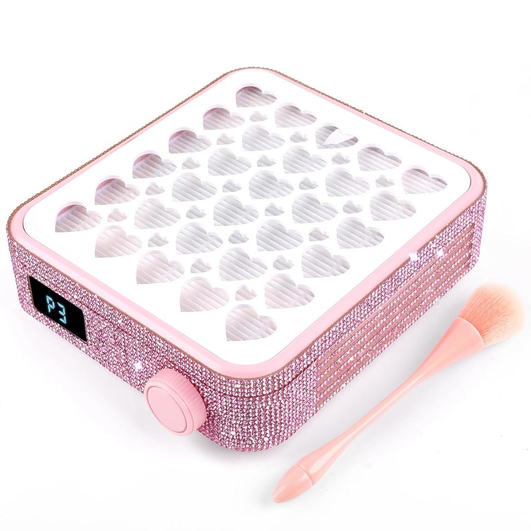 BQAN Nail Dust Collector Portable for Home & Salon - 4200RPM Vacuum with Reusable Filter, for Acrylic Drilling Dust Beginner Friendly Small Manicure Tool (Pink Rhinestones)