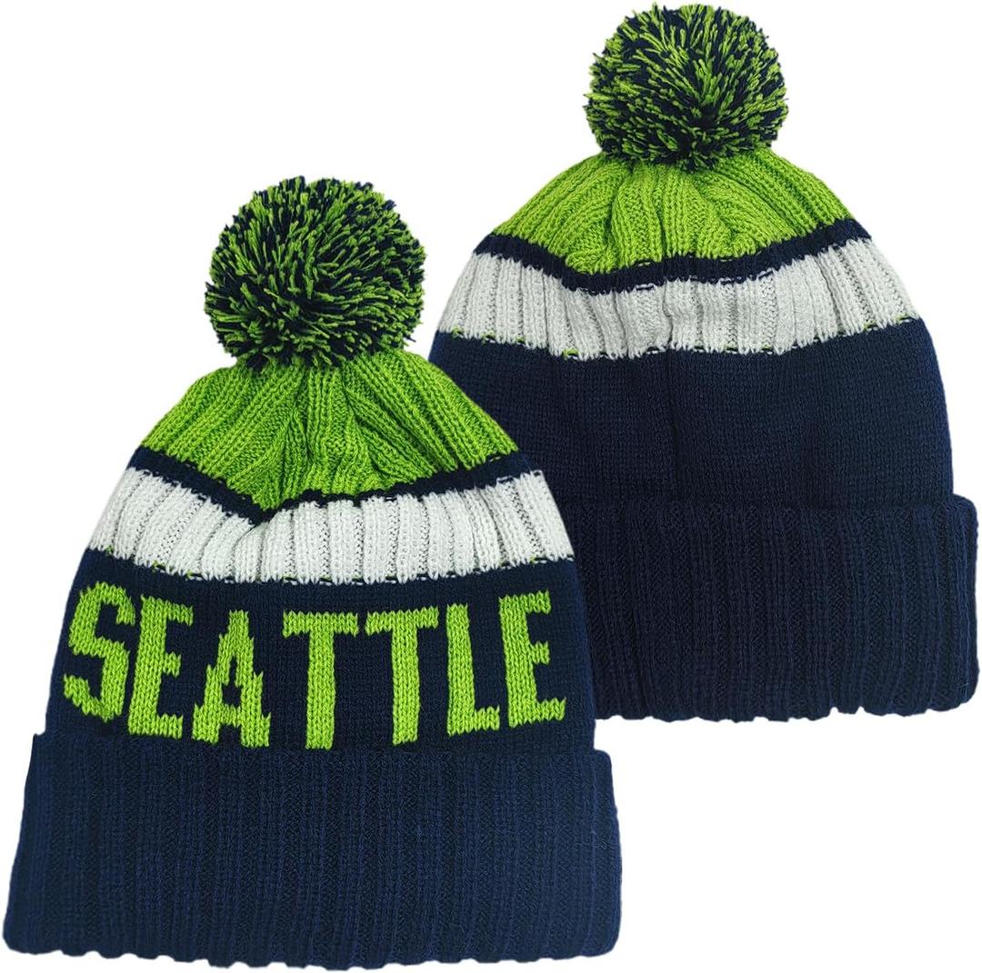 Football City Beanie 2025 Fashion Knit Pom-Pom Hat Soft Headwear Cuffed Winter Hat Sport Fans Gift for Men Women Kids (Seattle)