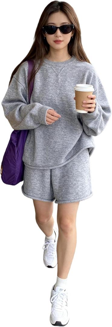 clearance sell today Sweatsuits Women 2 Piece Outfit, Oversized Knit Lounge Set | Cozy Fall Sweater with Loose Sleeves (Womens Loungewear, Comfort Sweat Set) Size S (Gray, S)