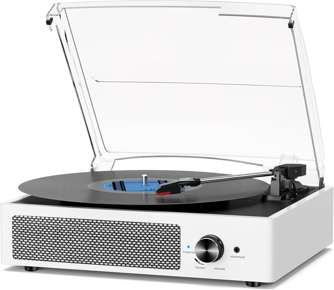 Record Player with Speakers Vintage Belt-Driven Turntable Bluetooth 3 Speed 3 Size Wireless Playback AUX-in RCA Out Headphone LP Vinyl Players Auto Stop Fashion White