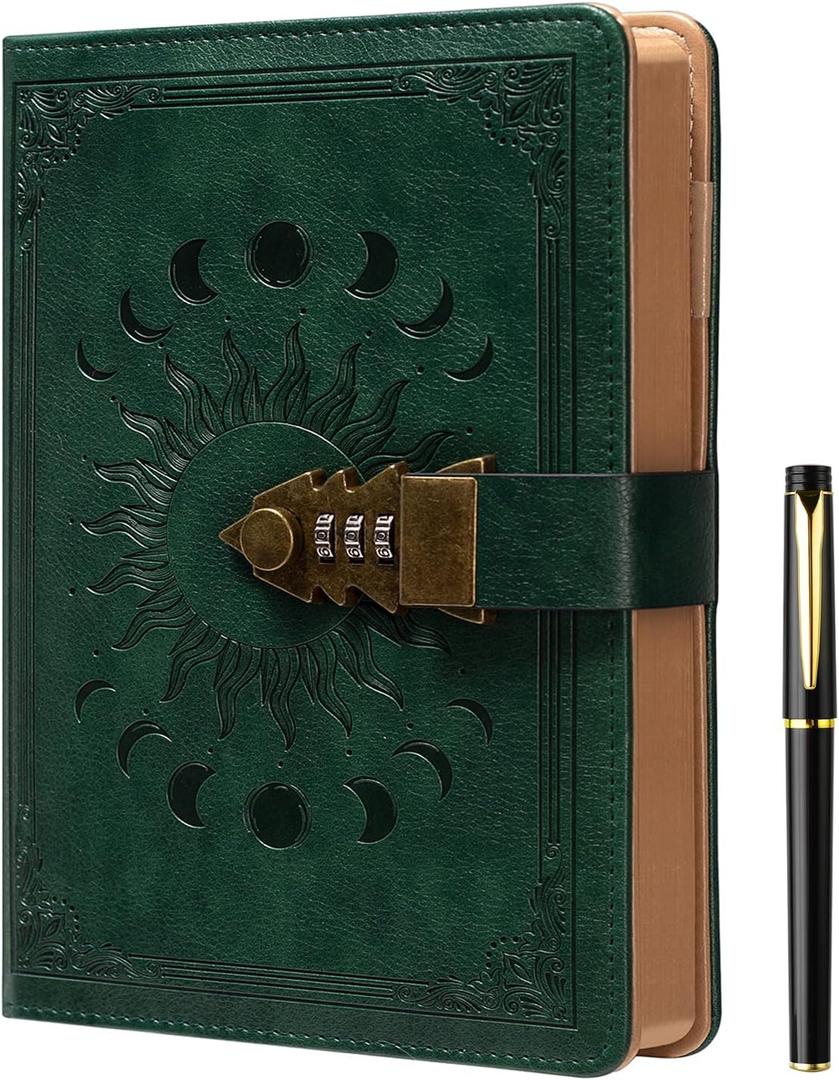 ZXHQ Lock Journal with Pen, A5 240 Pages Diary with Lock, Brown Edge, Refillable, Leather Hardcover (8.5 × 5.9inch) Dark Green
