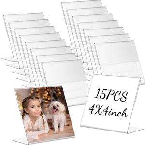 Soaoo 15 Pcs Acrylic Photo Frames 4 x 4 Inch Clear Picture Frames Slant Back Plastic Booth L Shaped Photo Stand Horizontal Small Sign Holder Name Display Stand with Insert for Home Office