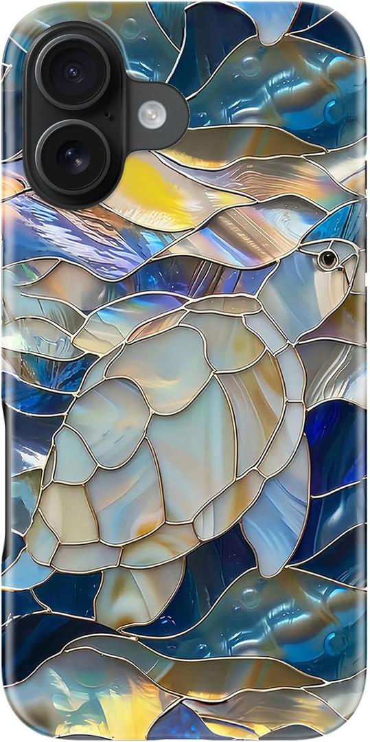 DorisMax for iPhone 16 Case - Wireless Charging Compatible - Dual-Layer Hard Shell + Silicone Cover - Shockproof Protective Phone Case with Stylish Designs for Women - Abstract Sea Turtle