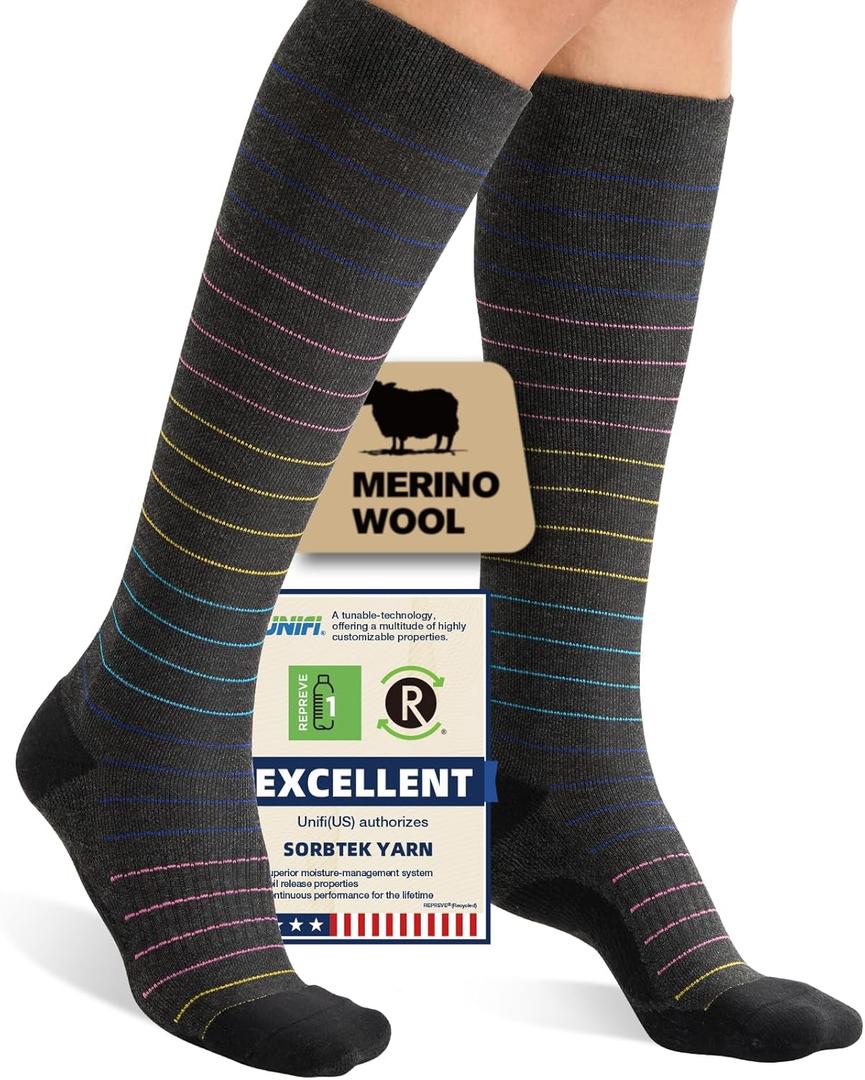 Merino Wool Compression Socks for Women Men, 15-20 mmHg Knee High Socks for Flying, Travel, Running (Yellow, S)
