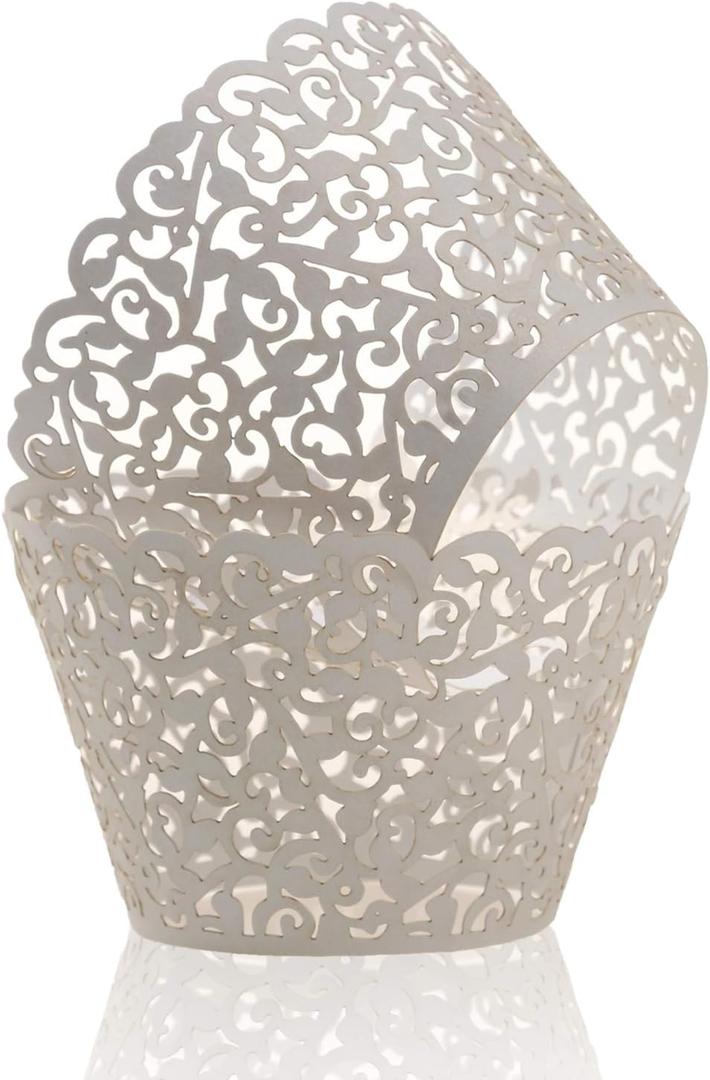 KPOSIYA Pack of 120 Cupcake Wrappers Artistic Bake Cake Paper Cups Vine Designed Laser Cut Cupcake Wraps Baking Cup Muffin Case Trays for Wedding Baby Shower Party Birthday Decoration (120, White)