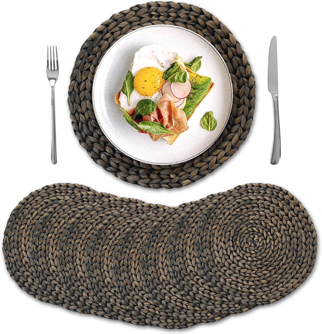 8 Pack, Round Woven Placemats, Natural Water Hyacinth Wicker Place Mats, Braided Straw Table Mats for Dining Table, Fall, Halloween, Thanksgiving, Chrismats, Black (13.8 inch)