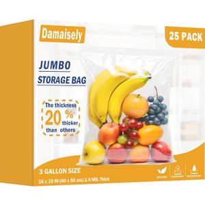 Heavy Duty Storage Bags with Zipper Top, Extra Large 3 Gallon 16" x 18" Plastic Bag, Jumbo Freezer Bags for Food, Clothes, Travel, Moving, 2.4-mil Thick, Pack of 25