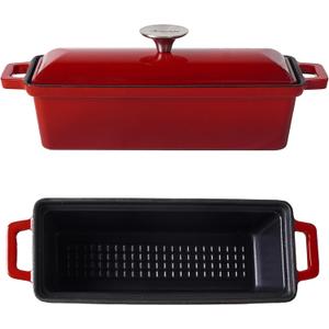 Enameled Cast Iron Bread Pan with Lid - Red - Oven Safe Form for Baking and Cooking - Loaf Pan