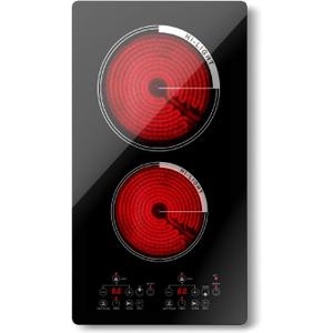 Alemania 12 inch Electric Cooktop 2 Burner Infrared Stove, 2000W Plug in Hotplate Double Heating Elements Stove for Cooking, 120V Ceramic Hot Plate, Built-in and Countertop Compatible