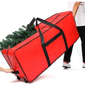 HOMEST Christmas Tree Storage Bag, Fits for 7.5 ft Xmas Artificials, Zippered Box with Reinforced Carrying Handles and Wheels, Red (Container Only)