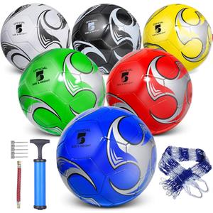 6 Pack Size 5/4/3 Soccer Balls for Training & Matches Official Size & Weight, Includes Carry Net, Needles, Air Pump Ideal for Youth and Adult Players