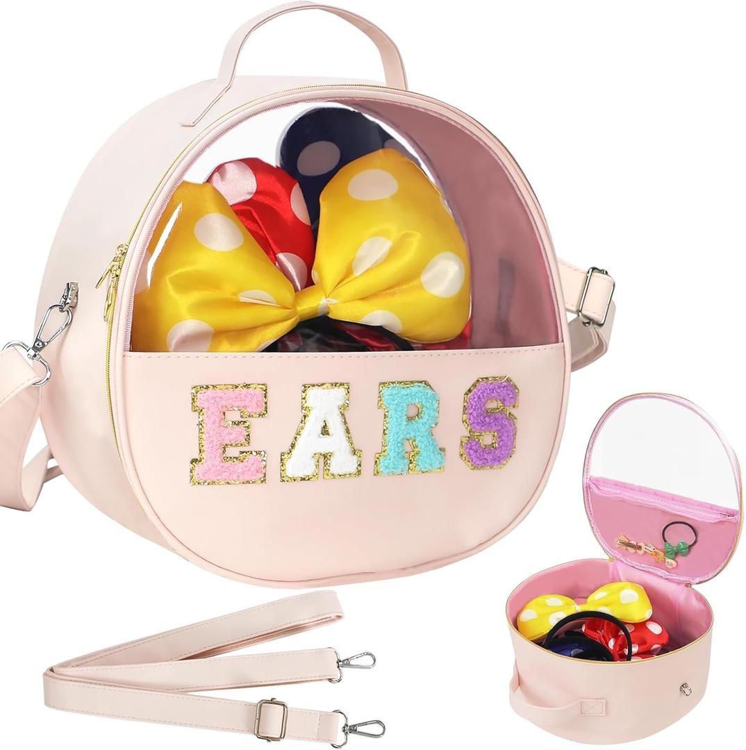 RSSCIIIUL Translucent Mouse Ears Travel Case, Chenille Letter Headband Ears Holder Waterproof Hair Accessories Organizer Storage for Women Adults Gift Large Thicken Makeup Snack Bag for Park Travel (Pink)