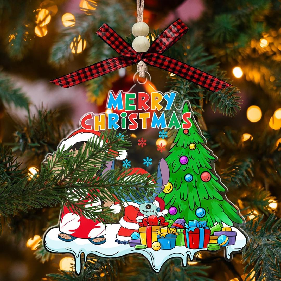 Hawaiian Girl & Blue Alien Cartoon Christmas Acrylic Ornament, Holiday Decoration, Stitch-Style & Hawaiian Girl Cartoon Ornament Gift for Kids, Boys, Girls, Fans (with Red Bow & Wooden Beads)