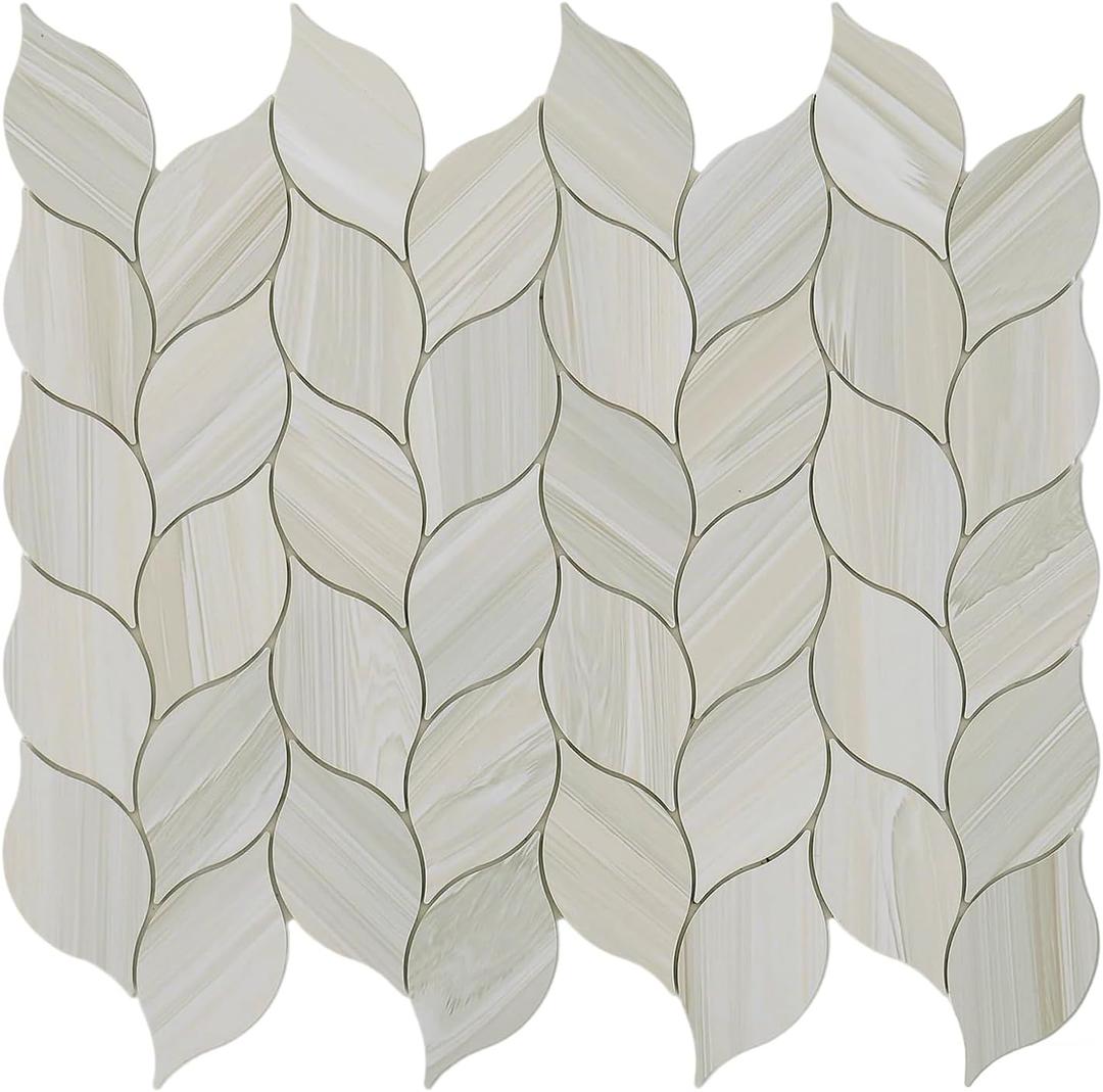 Tilingview 10-Sheet Peel and Stick Backsplash Tile for Kitchen, Self-Adhesive Mosaic Glossy Leaf Stick on Wall Tile with Gaps (Leaf Beige)