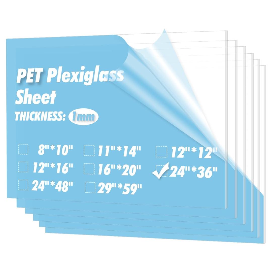 Art3d 5-Pack of 24×36" PET/Plexiglass Sheets, Transparent Clear Flexible Plastic Sheet Panels for Craft, Picture Frames, Sign Blank, DIY Display Project