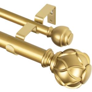 KAMANINA 1 Inch Double Curtain Rods for Windows 36 to 72 Inches (3-6 Feet), Warm Gold Heavy Duty Double Curtain Rod, Telescoping Drapery Rod with Netted Texture Finials