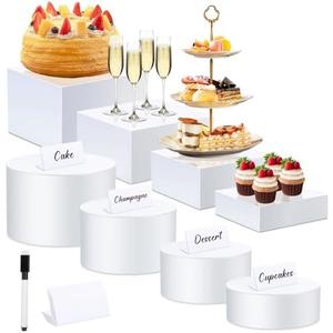 Buffet Risers Set of 8 Acrylic Cube Display Stands Box Risers with Hollow Bottoms 4 Different Size Dessert Table Display Set Food Nesting Risers for Buffet Table, Cupcake Candy Food, Parties, Brunch, Weddings (4 PCS Cubes +4 PCS Cylinders)