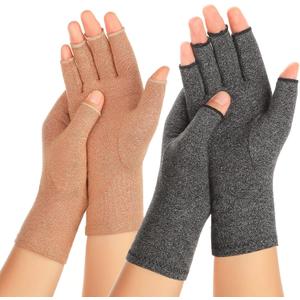 2 Pairs Arthritis Compression Gloves for Women Men, Carpal Tunnel Pain Relief, Fingerless for Typing Both Hands (Large, Brown1+grey1)
