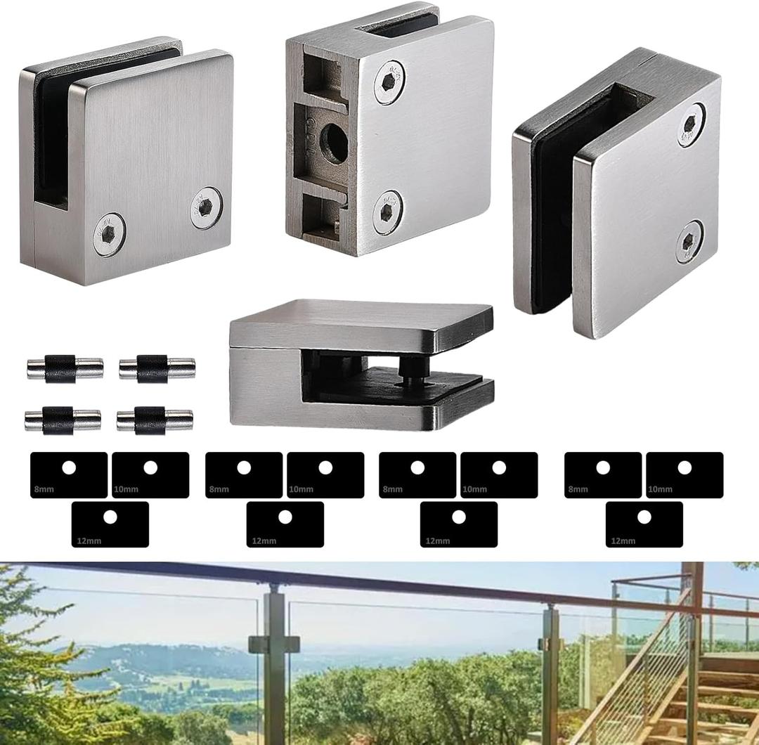 Glass Clamp4PCS Adjustable Glass Shelf Bracket, 1/3 "-1/2 " 304 Stainless Steel Glass Clamps, Glass Clamp Bracket is Suitable for Railing, Stairs, Glass Wall, All Kinds of Glass (Silver-4pcs)