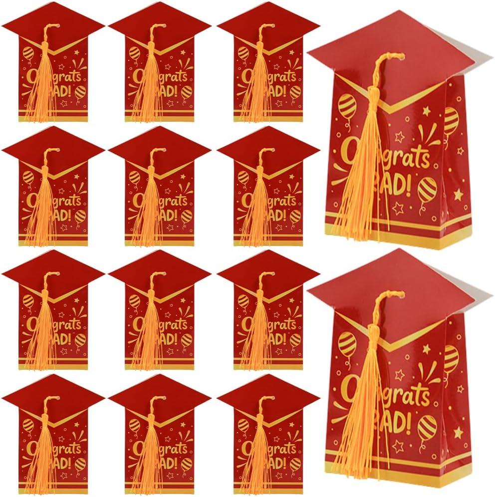 50 Pcs Graduation Cap Gift Boxes with Tassel, Treat Box Graduation Candy Boxes Centerpieces for Tables Party Decorations, Mini Treat Chocolate Box Graduate Favors Supplies, Red