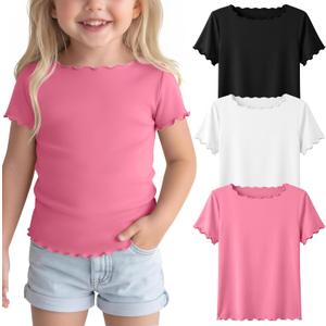 3 Pack Toddler Girls' Short Sleeve Tops | Baby, Cute, Tee, Crop, Lettuce Trim, Kids, T-shirt, Boat Neck, Blouse, Solid, Casual, Summer, Plain, Classic, Elegant