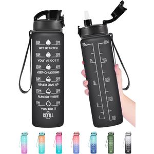 Enerbone Water Bottle, Leakproof BPA & Toxic Free, Motivational Water Bottle with Times to Drink and Straw, Fitness Sports Water Bottle with Strap for Office, Gym, Outdoor Sports