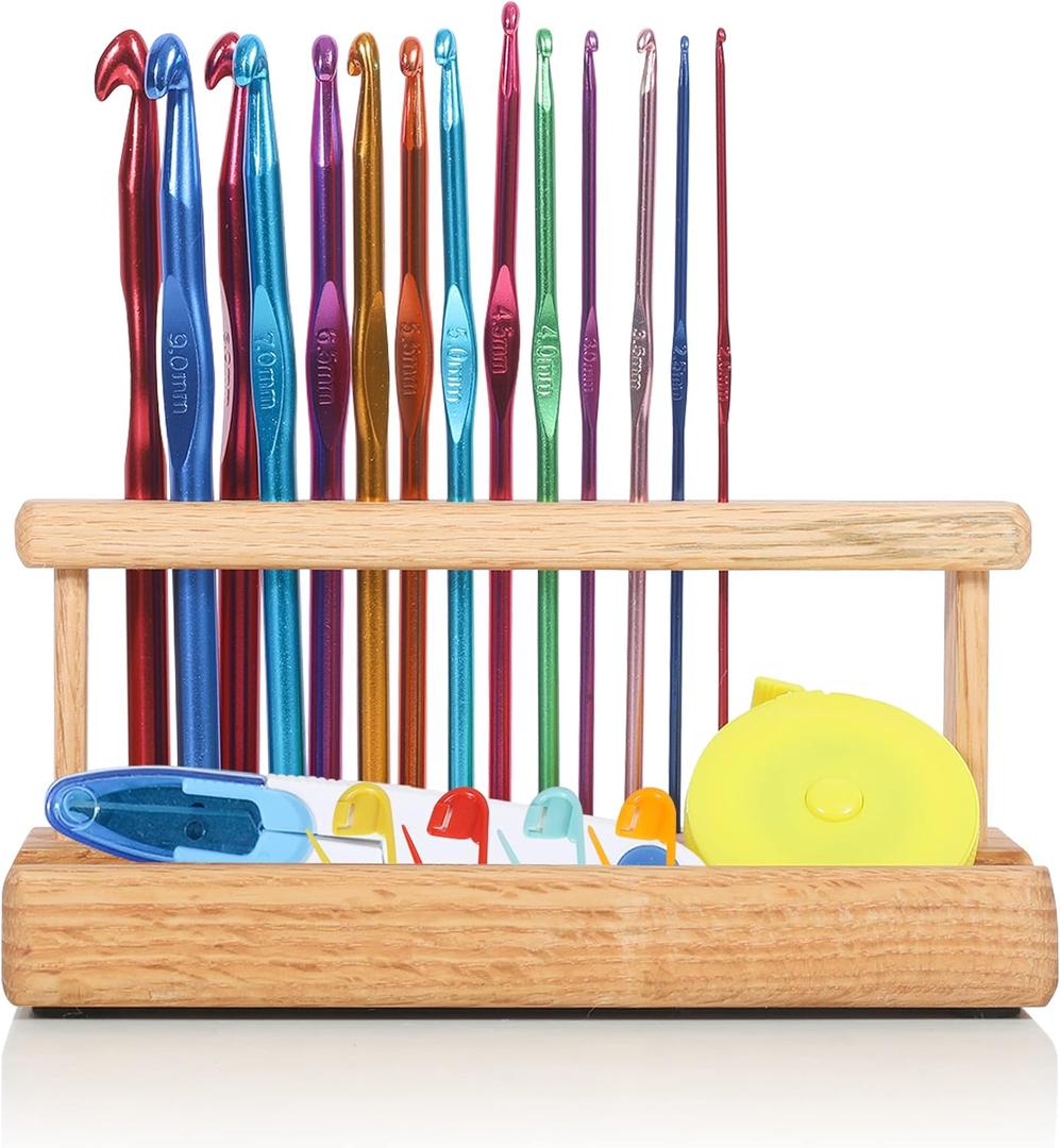 Olikraft 14-Piece Ergonomic Crochet Hook Set with Wooden Holder - Complete Crochet Needle Kit for Crafting Enthusiasts, Includes Essential Crochet Accessories
