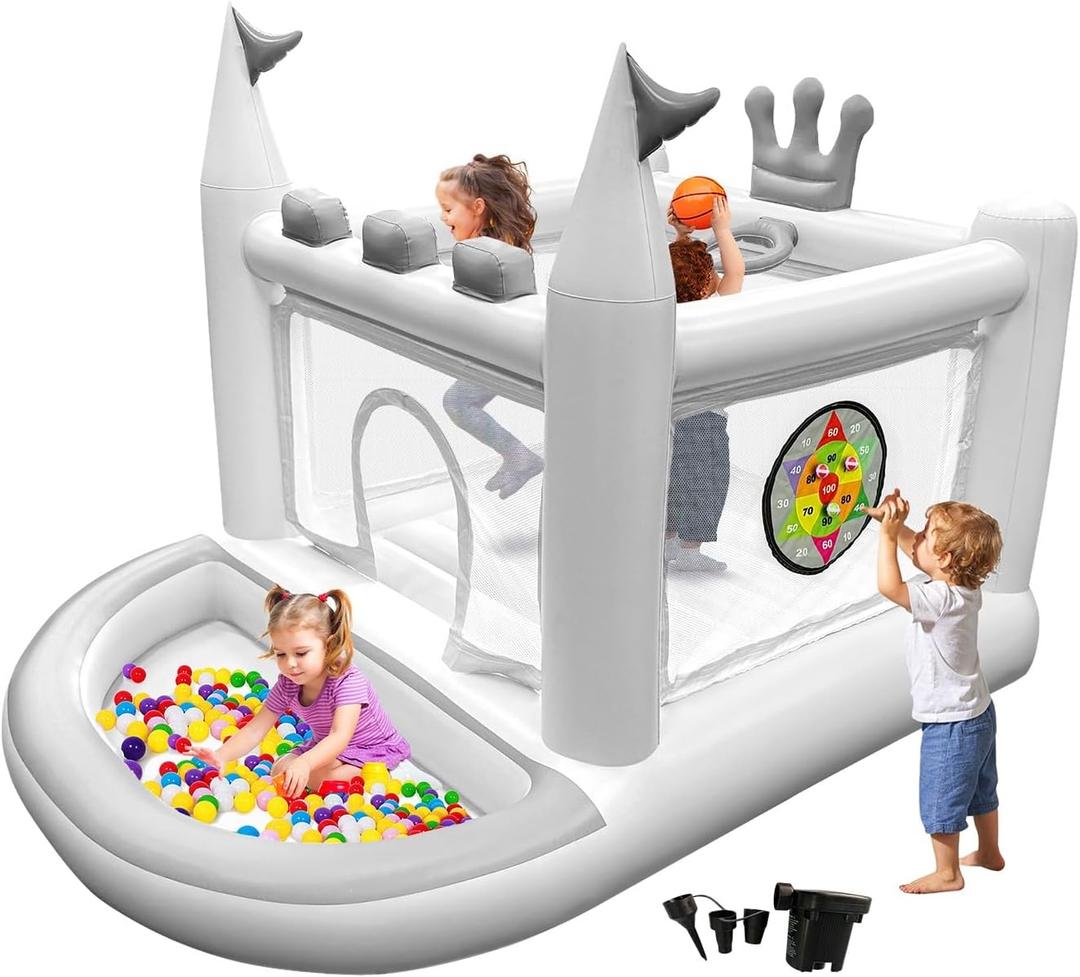 Inflatable Bounce House for Kids, PVC Small Bouncy Castle Outdoor with Basketball Hoop, Ball Pit, Rings, Target Game, Jumping, Pump Included, 98"L x 70"W x 65"H