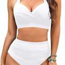Tempt Me Women Two Piece Vintage Swimsuit Retro Halter Ruched High Waist Bikini with Bottom, XL