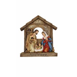 Nativity Sculpture - Carved Resin Holy Family with Angel Christmas Figurine, 9.25" Tall, in The Stable