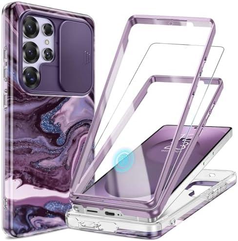 GVIEWIN for Samsung Galaxy S25 Ultra Case, [Slide Camera Cover & Built-in HD Screen Protector] [2 Front Frames] Shockproof Military Grade Protective Marble Phone Case 6.9" (Quicksand/Purple)