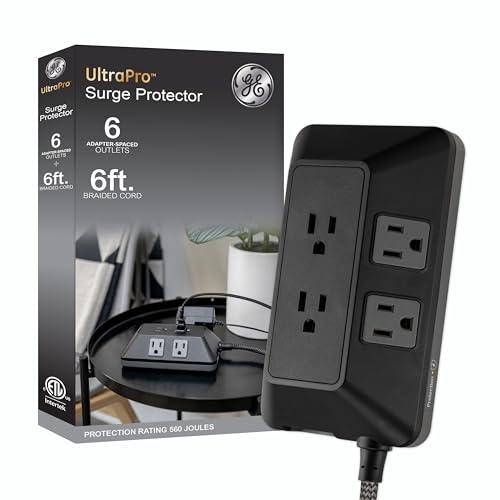 GE 6-Outlet Surge Protector, 6 Ft Braided Extension Cord Power Strip, Flat Plug, Adapter Spaced, Multi Plug Outlet Extender, for Home, School, and Office, 560J, Black - 70614