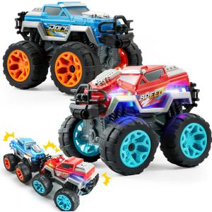Jova Vroomix 2 Pack Smash & Bump Monster Truck Toys, Crashing Cars with Crash Sounds and Flashing Lights for Toddler Toys Age 3 4 5 6 7 Boy Easter Basket Stuffers Birthday Gifts