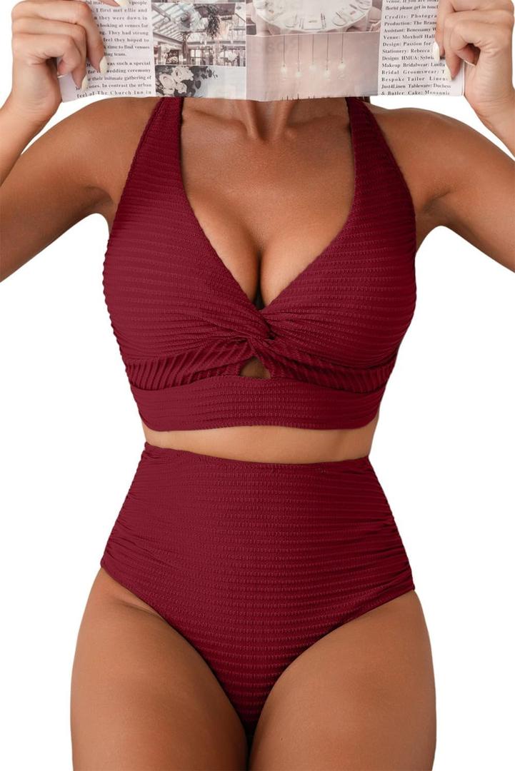 Herseas Women's Textured Bikini Sets Twist Front Top Swimsuits High Waisted Bathing Suits L