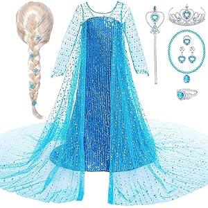 G.C Girls Elsa Frozen Dress Costume Princess Dress Up Clothes with Long Cape Kids Toddler Wig Crown Wand Jewelry Necklace Accessories Halloween Cosplay Birthday Party Supplies, 100(2-3 Years)