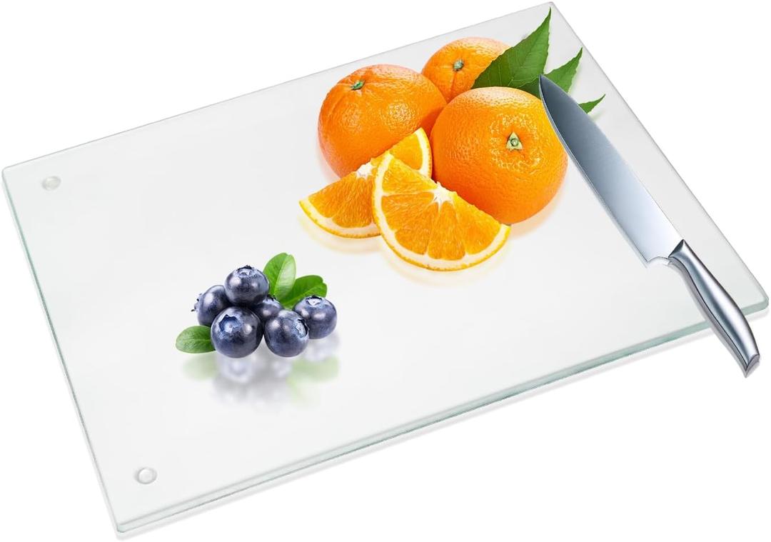 JAMBALAY Tempered Glass Cutting Board for Kitchen, 12"x8" Clear Glass Cutting Board with Rubber Non-Slip Feet, Heat and Scratch Resistant, Shatterproof, Dishwasher Safe